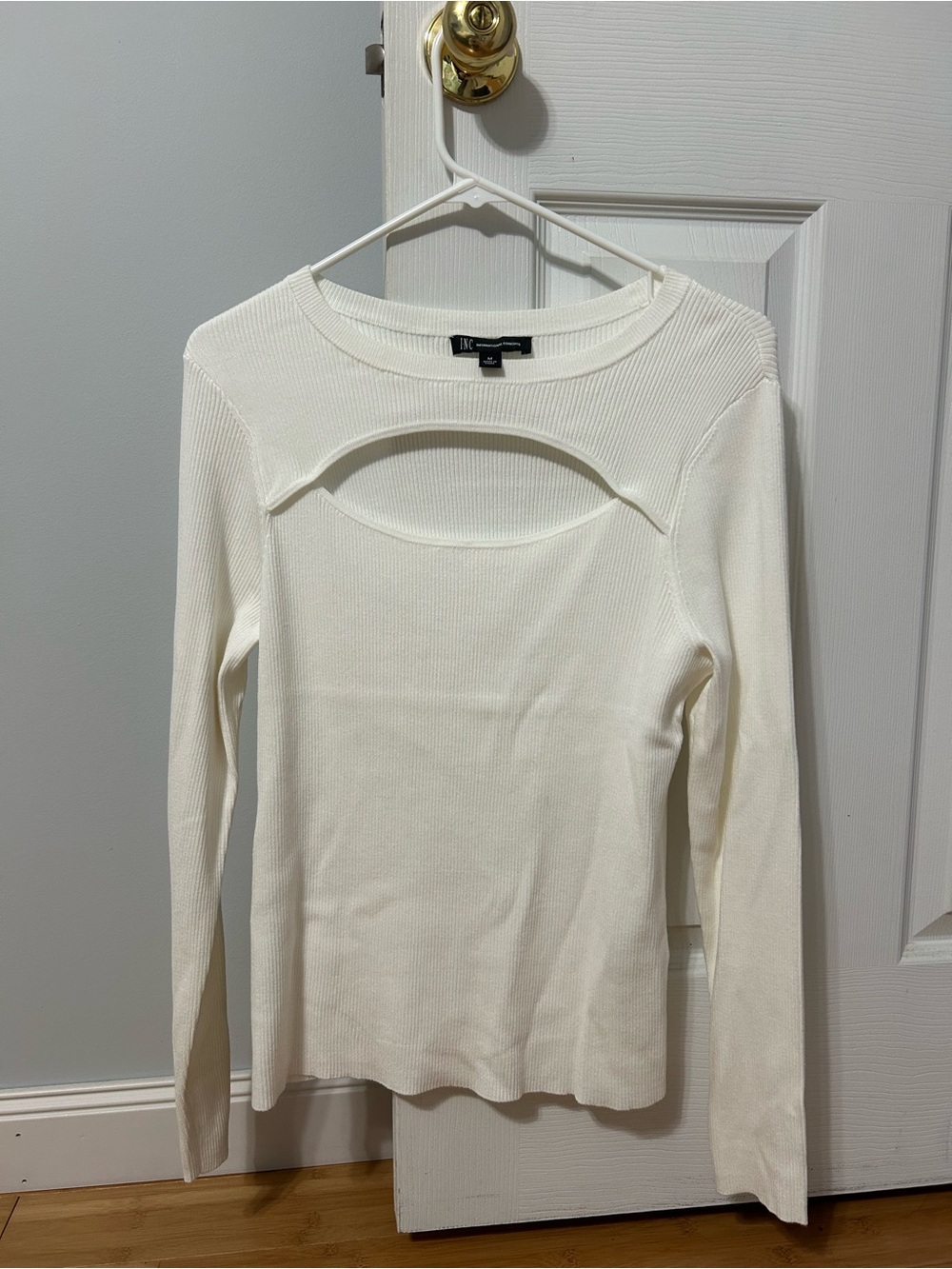 INC White Ribbed Cutout Long Sleeve Knit Top Size M NWOT